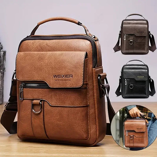 Men’s Retro PU Leather Messenger Bag – One-Shoulder Business Crossbody Bag